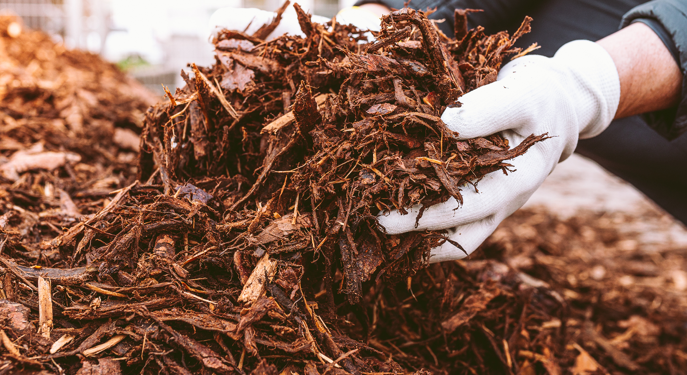 Gloved hands scooping a large pile of dark brown wood mulch.
