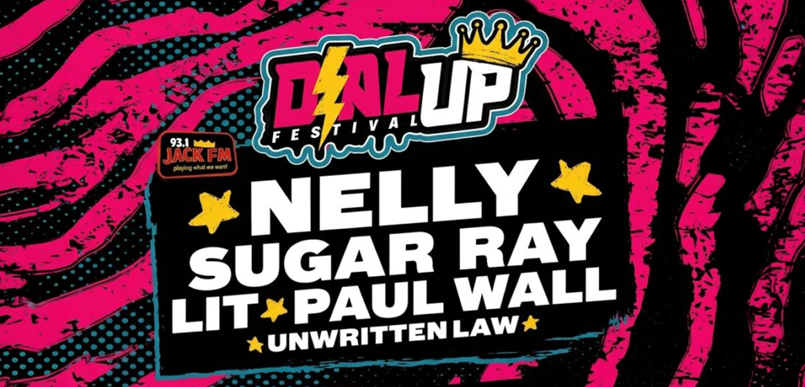 Dial Up Festival graphic with Nelly, Sugar Ray, Lit, Paul Wall, Unwritten Law on pink/black background.