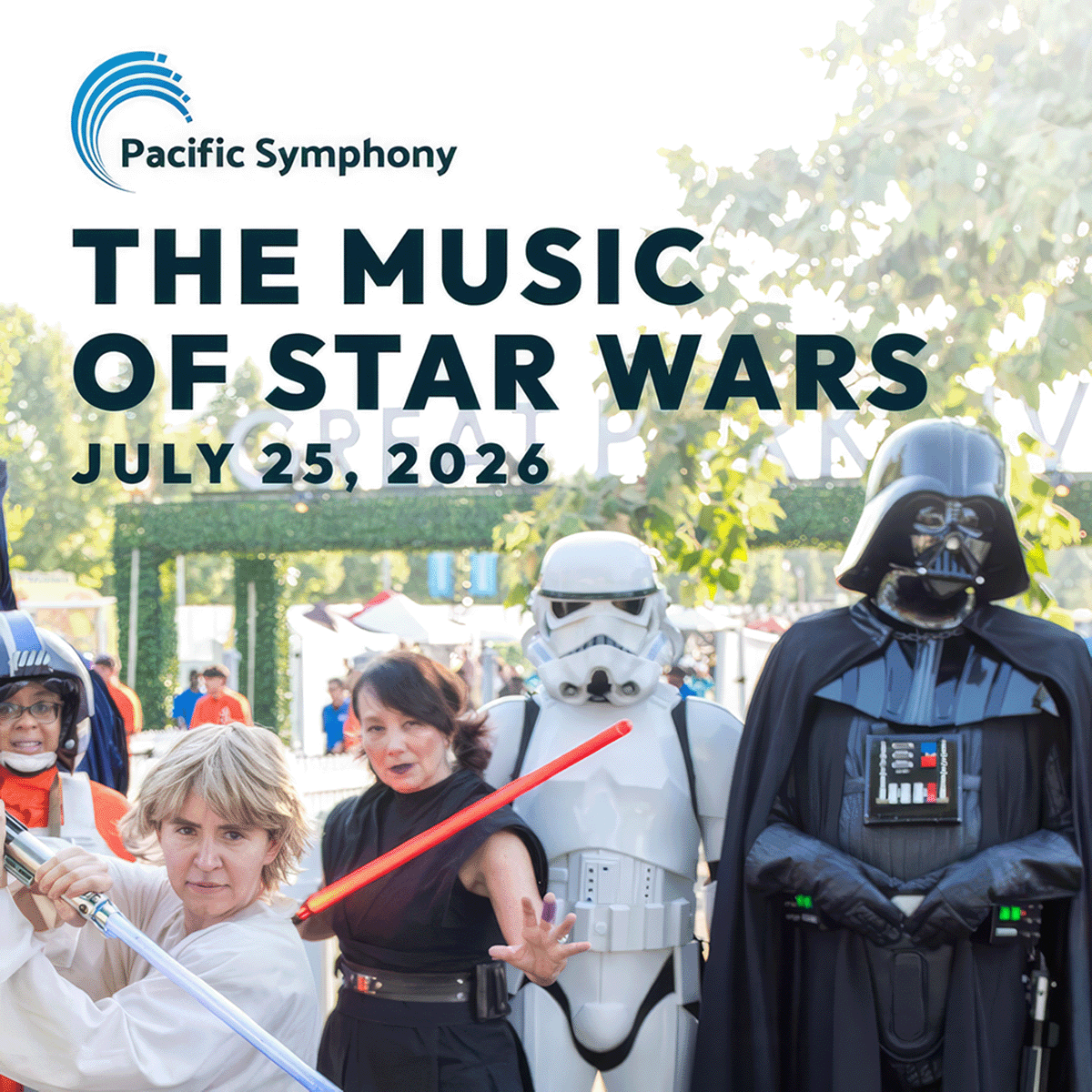Darth Vader, Stormtrooper, and Luke cosplayers with lightsabers at an outdoor event.