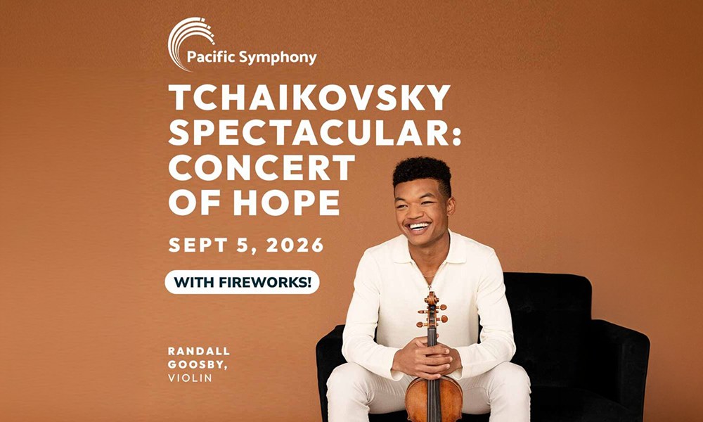 Graphic: Smiling Randall Goosby with violin, promoting Pacific Symphony concert.
