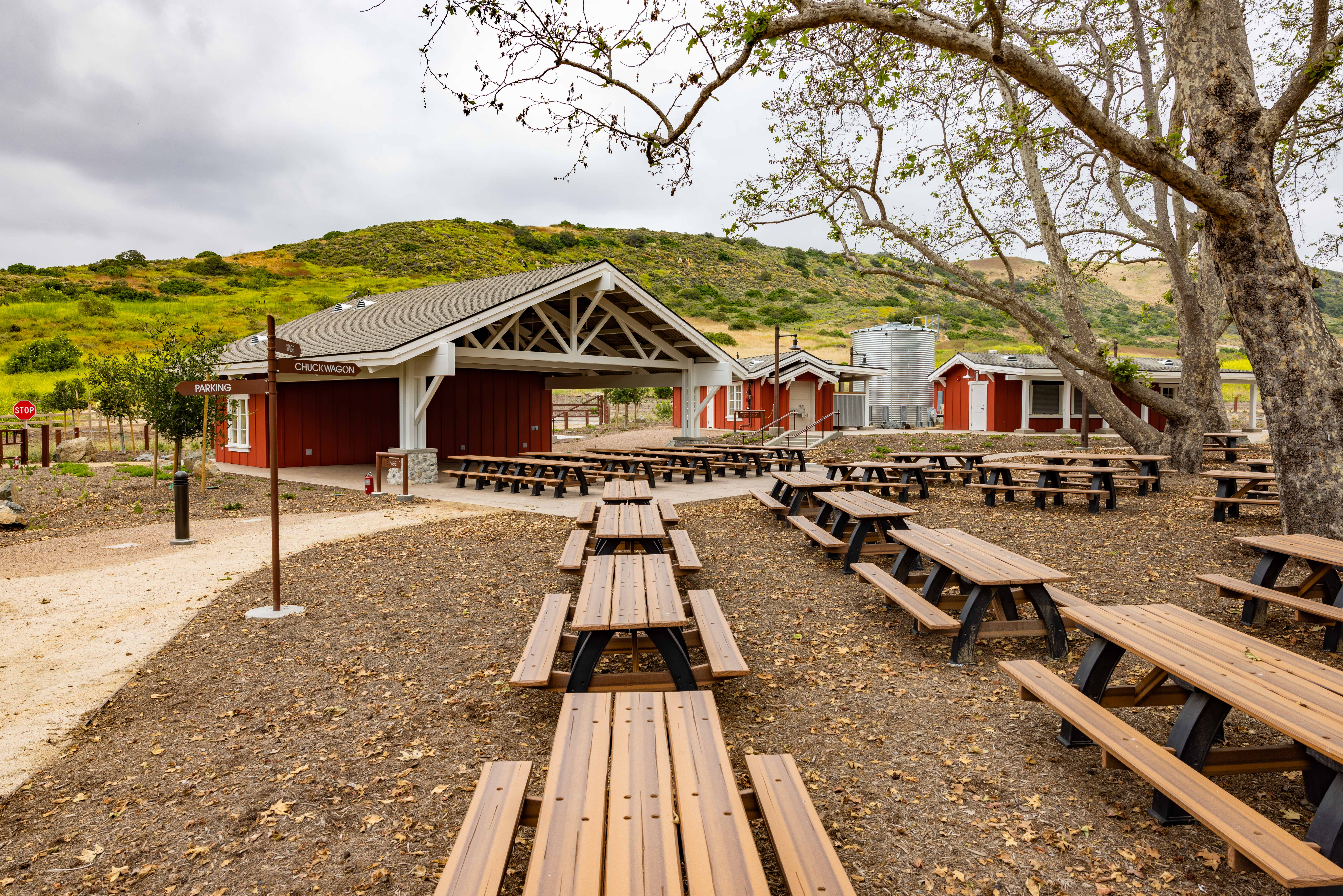 photos of picnic tables and stage