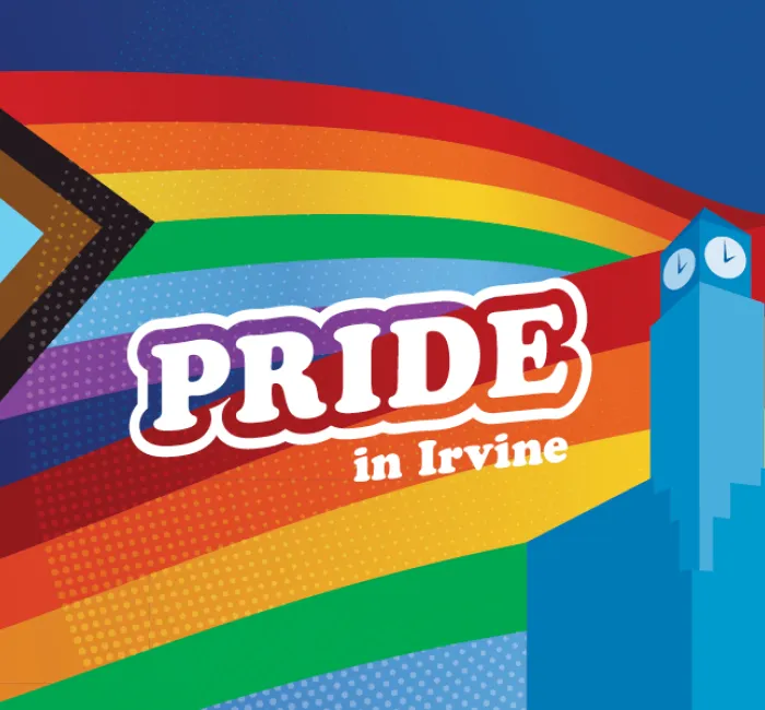 Graphic: Progress Pride flag colors, "PRIDE in Irvine" text, and a blue clock tower.