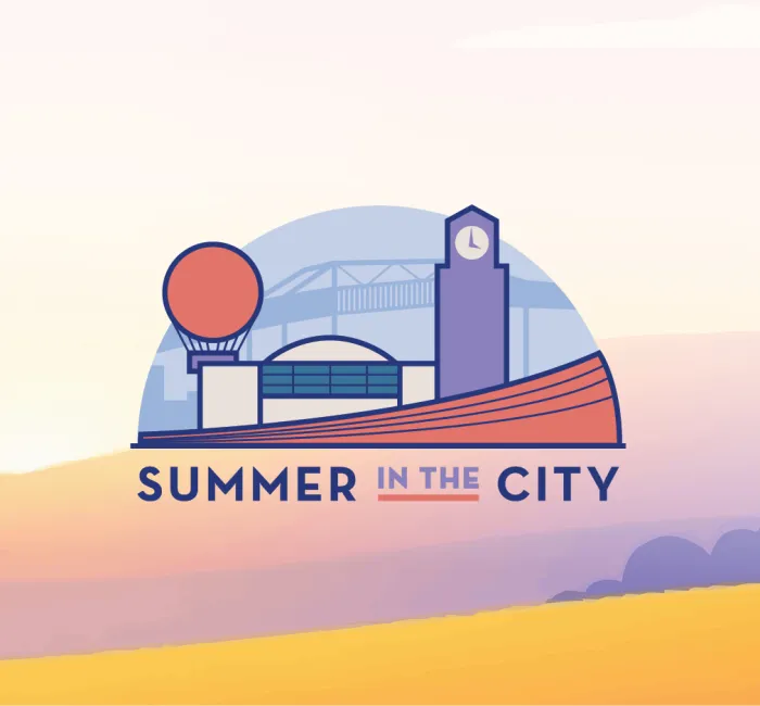 Gradient landscape graphic: orange foreground, purple hills, pale sky, and a Summer in the City logo.