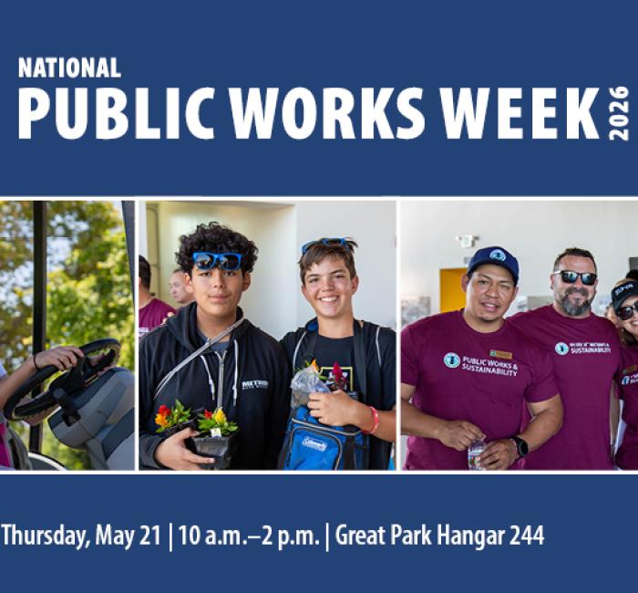 National Public Works Week banner: Girl driving, boys with flowers, and smiling adults.