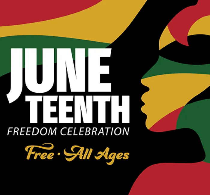 Graphic: Juneteenth Freedom Celebration. Pan-African colors, abstract shapes, and profile silhouette.