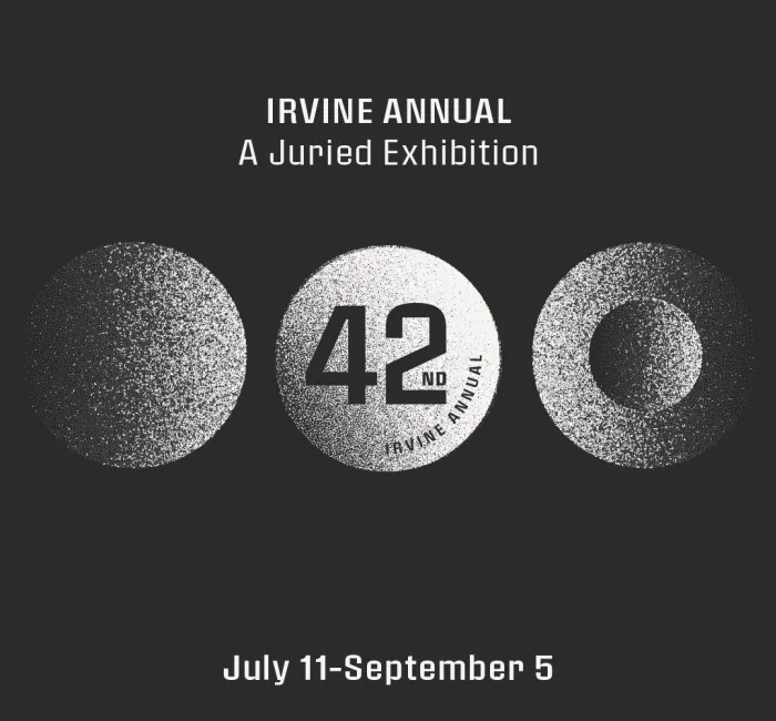 Irvine Annual 42nd Juried Exhibition graphic, three textured circles, dates July 11-Sept 5.