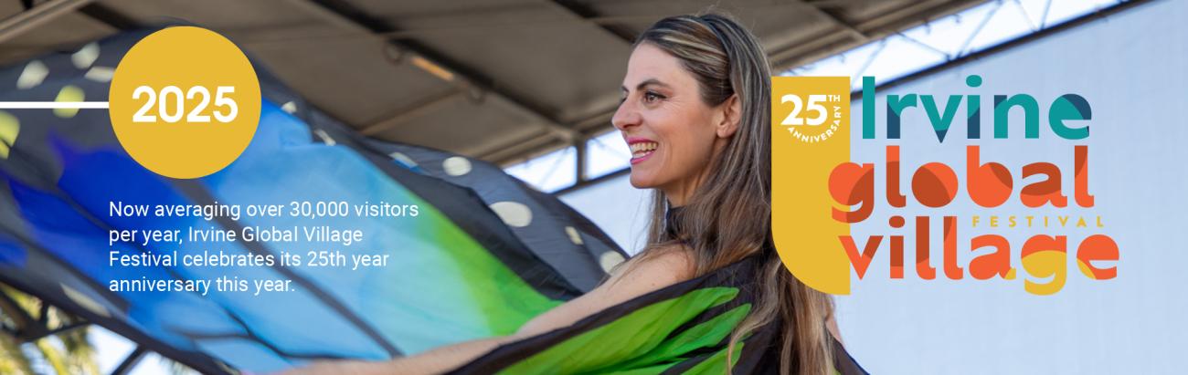 Photograph: Smiling woman in vibrant butterfly wings. Irvine Global Village logo.