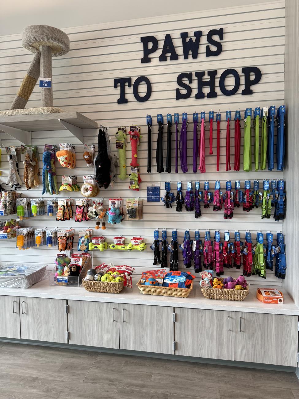 Bright pet shop wall displaying leashes, collars, toys, and a "PAWS TO SHOP" sign.
