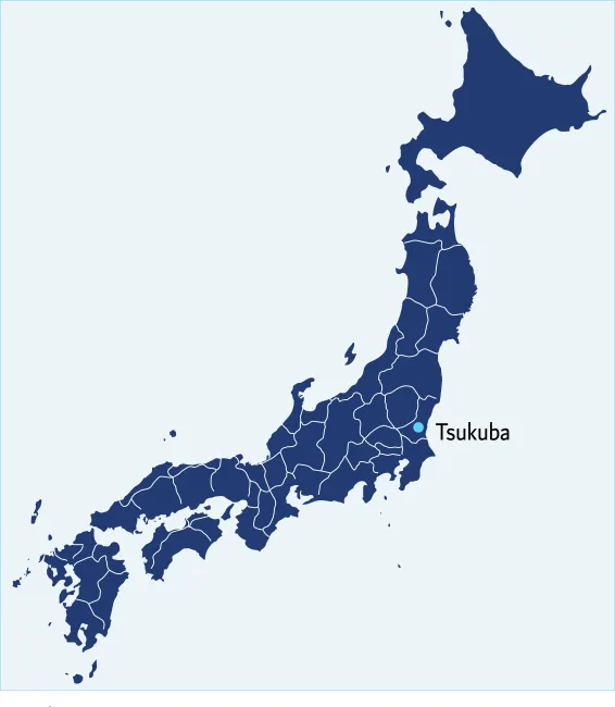 Graphic map of Japan, showing Tsukuba city marked on Honshu island.