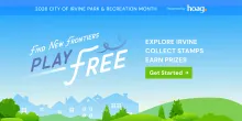 Graphic: Irvine Park &amp; Recreation 'Play Free' ad sponsored by Hoag, sunny suburban scene.