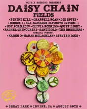 Graphic poster for Daisy Chain Fields music festival with artist lineup and colorful pins.