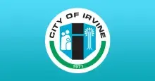 Cityof Irvine logo against an aqua blue background