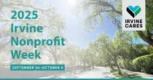 2025 Irvine Nonprofit Week, September 30-October 4, with Irvine Cares logo on sunny street.