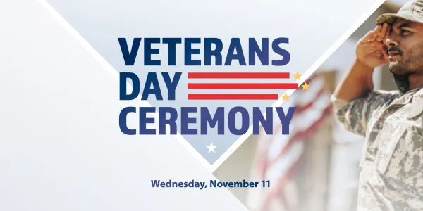 Veterans Day Ceremony graphic, saluting soldier silhouette at sunset.
