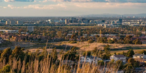 City skyline and suburbs from a grassy hill at golden hour.