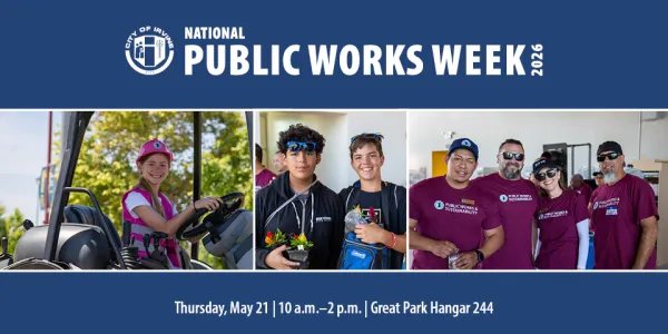 National Public Works Week banner: Girl in helmet on vehicle, two boys, and group of smiling adults.