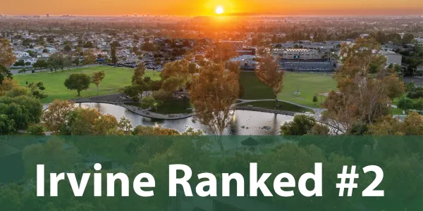 Trust for Public Land logo. Irvine ranked #2 Park System in the Nation; sunset over park.
