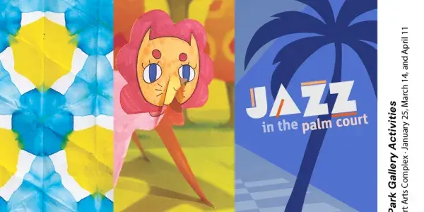 Graphic: Abstract pattern, cartoon figure with pink hair, blue panel with 'JAZZ' text and palm tree.
