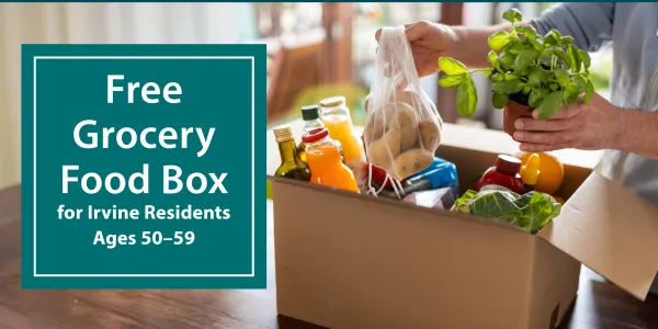 Person's hands filling a cardboard box with fresh groceries on a wooden table.