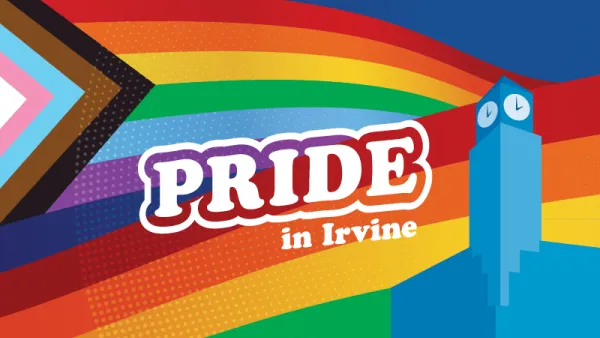 Graphic with Progress Pride flag, "PRIDE in Irvine" text, and a blue clock tower.