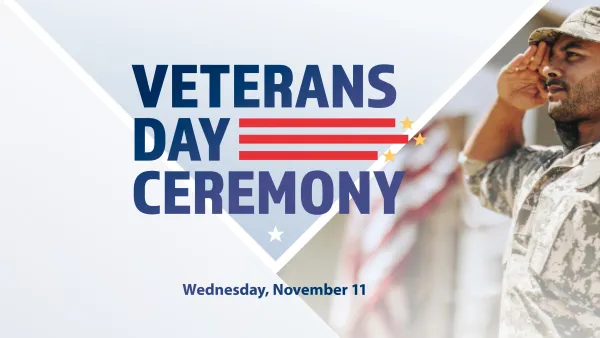 Veterans Day Ceremony graphic, saluting soldier silhouette at sunset.