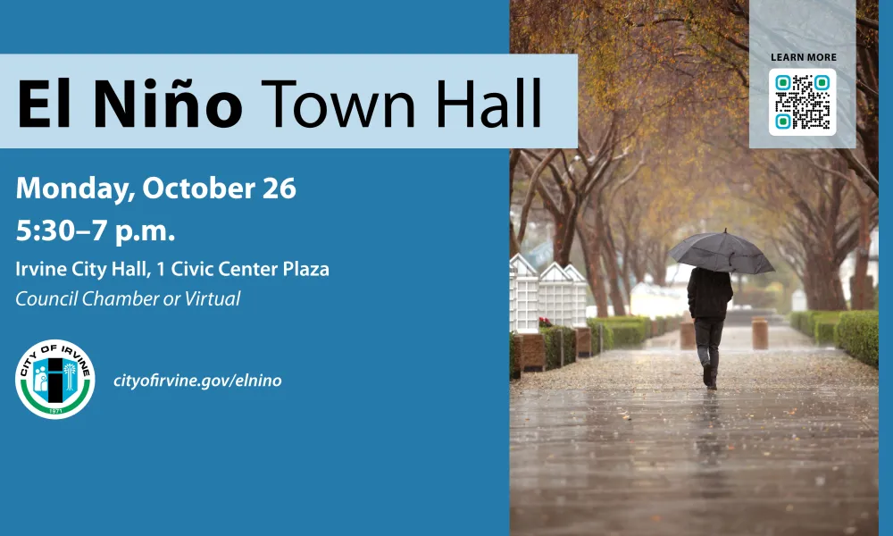 Graphic: El Niño Town Hall announcement. Person with umbrella walks on a wet path.