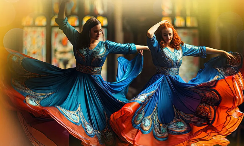 Photograph: Two women in flowing teal and orange dresses with peacock designs dancing.