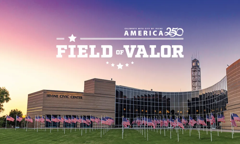 Photograph of Civic Center; Cultural Center, American flags, and 'America 250 Field of Valor' graphic.