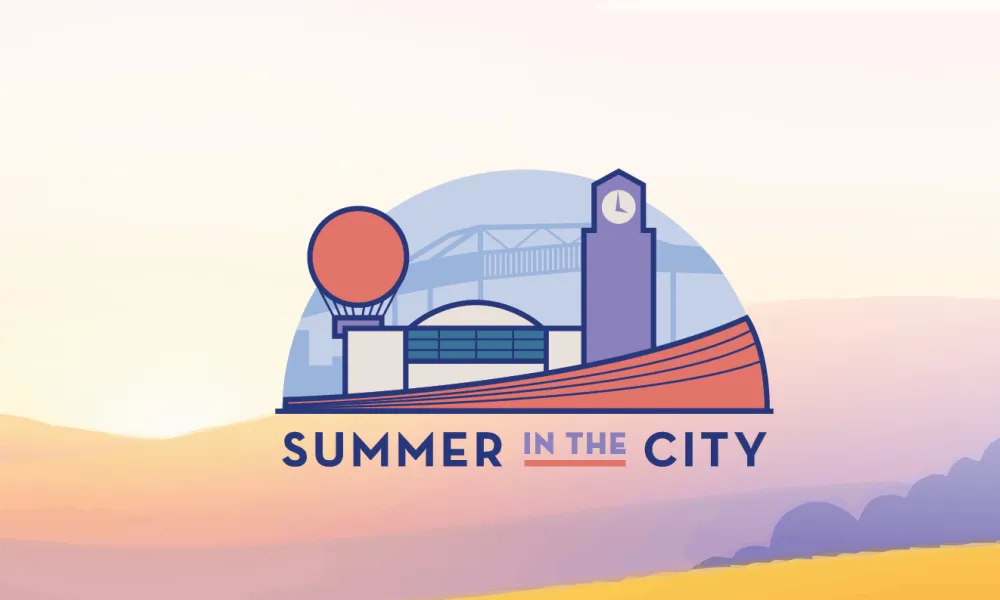 Graphic: Warm-toned layered hills and Summer in the City logo with stylized buildings.