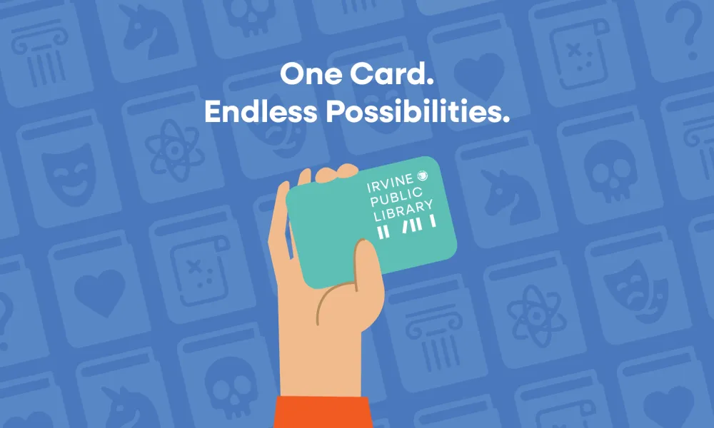 Graphic: Hand holds a teal library card for Boone Public Library, surrounded by genre icons.