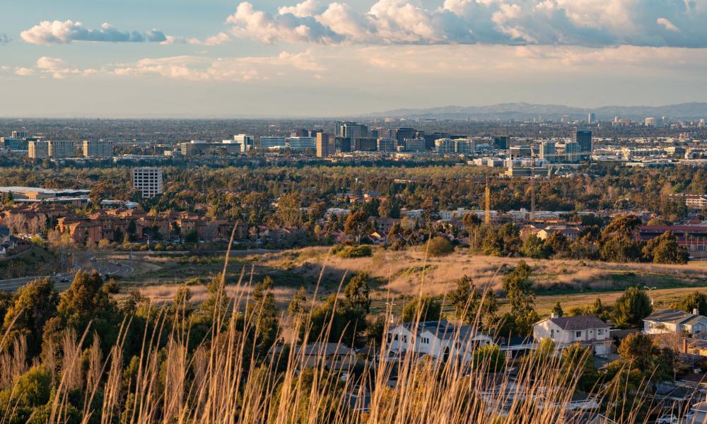 City skyline and suburbs from a grassy hill at golden hour.