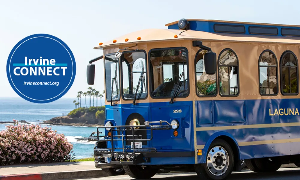 Irvine CONNECT Logo next to a shuttle in Laguna Beach