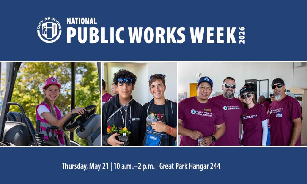 National Public Works Week banner: Girl in helmet on vehicle, two boys, and group of smiling adults.