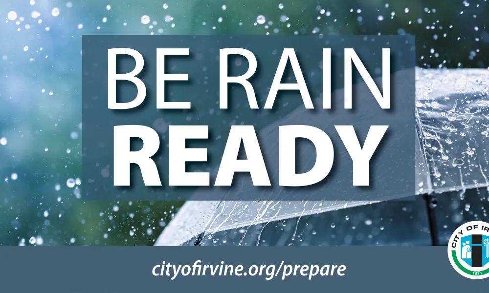 Rain falling on an umbrella. Be Rain Ready
