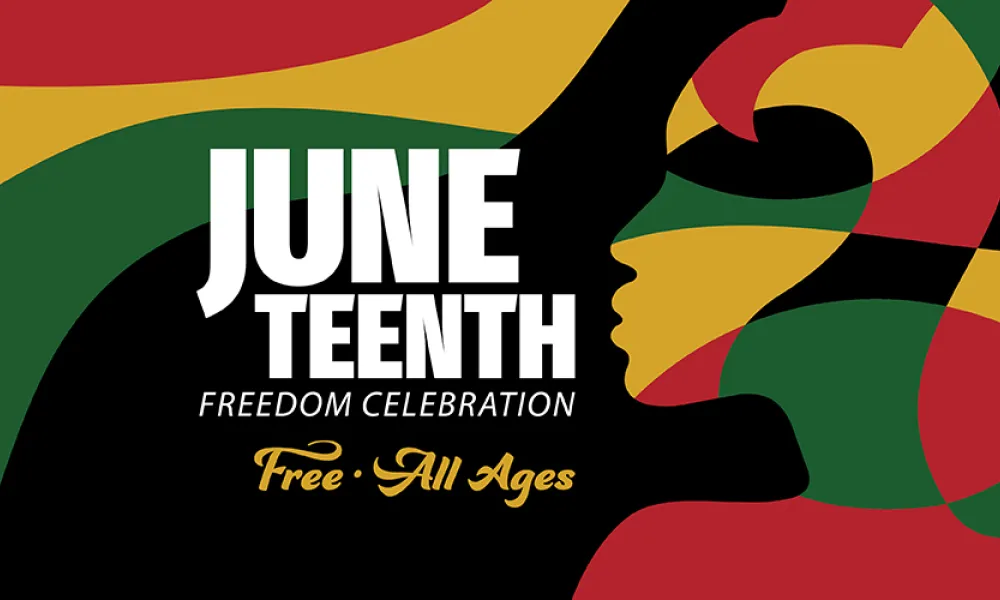 Juneteenth Freedom Celebration graphic with stylized face and Pan-African colors.