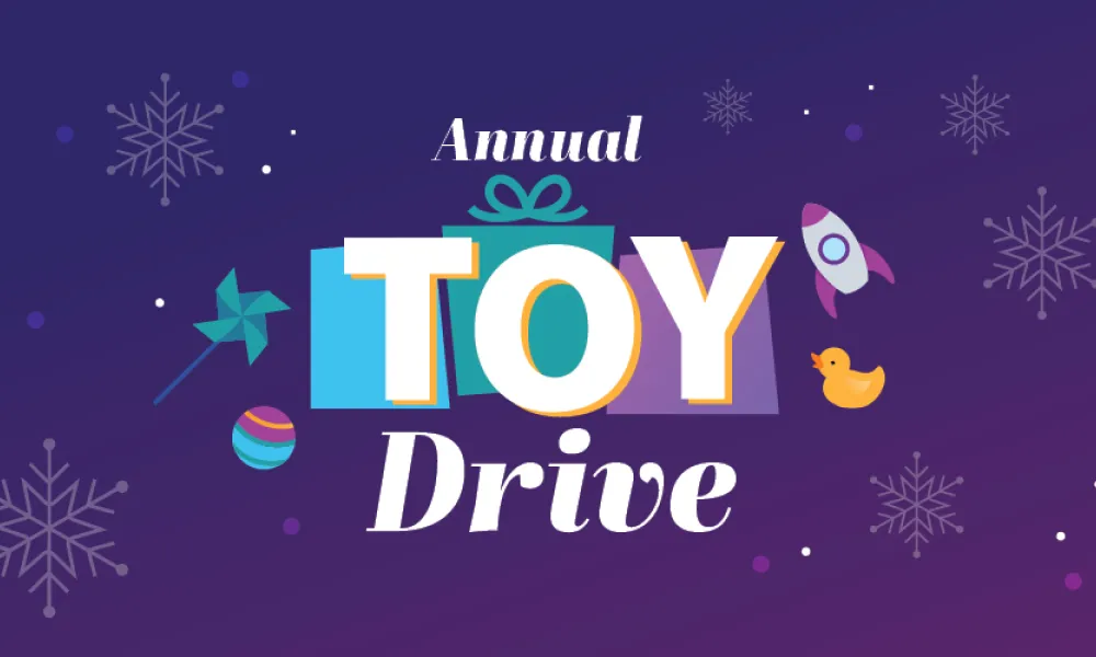 Annual Toy Drive on purple background