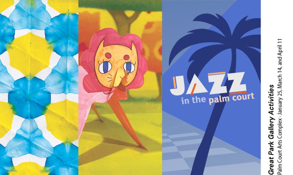 Graphic: Abstract pattern, cartoon figure with pink hair, blue panel with 'JAZZ' text and palm tree.