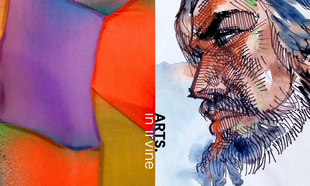 Collage of artwork. One image features red, purple, green and yellow in an abstract pattern. The second image is an illustration of a bearded man.