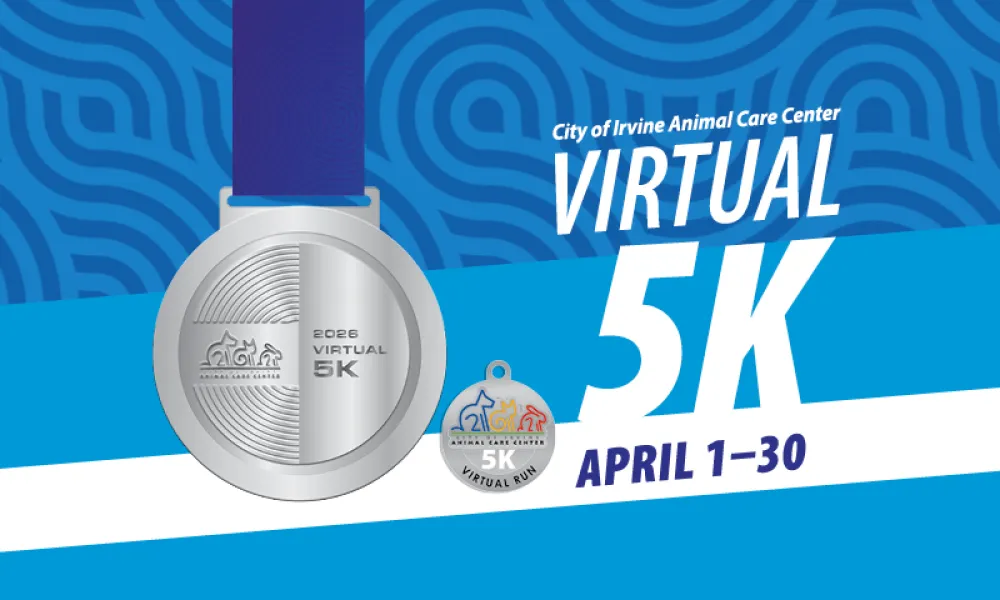 Graphic: Silver medal with blue ribbon, promoting City of Irvine Virtual 5K, April 1-30.