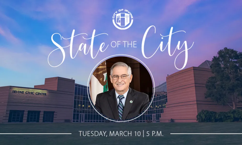 State of the City Image of City Hall at dusk with Mayor Larry Agran's photo