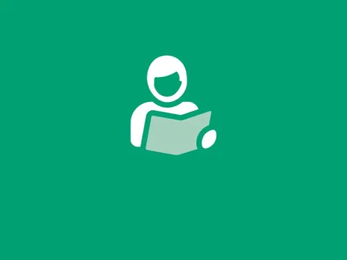 Graphic of a person reading a document.