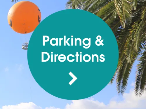 Graphic: "Parking & Directions" button over palm trees and blue sky.