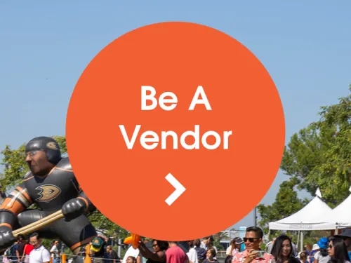 Graphic: "Be A Vendor" button over Crowd at a sunny outdoor festival