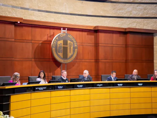 Panel of seven people seated at a long dais in a council chamber under a large city seal.