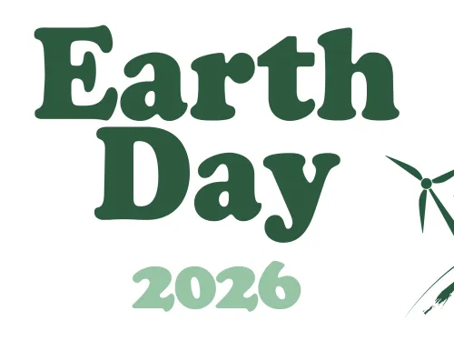 Earth Day 2026 graphic: globe with trees, people, turbines. "Our Power, Our Planet."