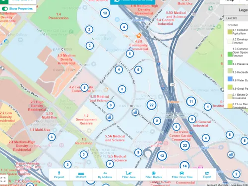 Property search website graphic: Map with marked locations, land use legend, and a detailed house listing.