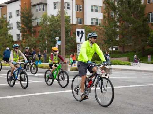 bicycles riding at a street intersection