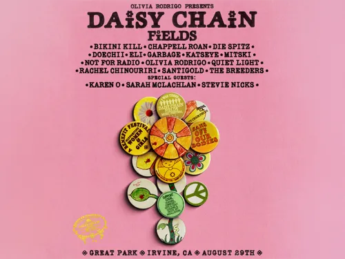 Daisy Chain Fields music festival poster on pink, with a daisy made of colorful buttons.