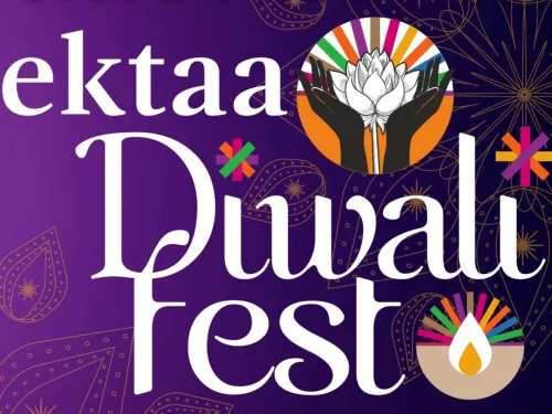 Graphic: 'ektaa Diwali fest' text, lotus in hands, and a colorful diya, all on purple.