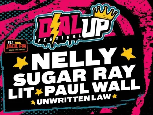 Dial Up Festival graphic with Nelly, Sugar Ray, Lit, Paul Wall, Unwritten Law on pink/black background.